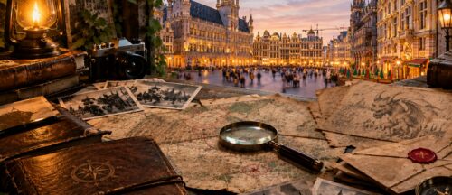image de la Grand-Place avec des cartes et loupes d'enquêteurs